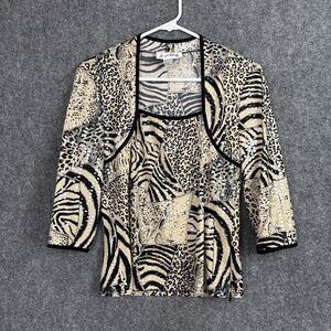 Joseph Ribkoff Top Blouse  Womens 10 Black Brown Animal Dramatic Elegant Chic